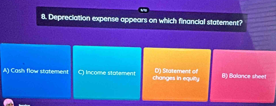 Depreciation expense appears on which financial statement?
A) Cash flow statement C) Income statement D) Statement of B) Balance sheet
changes in equity