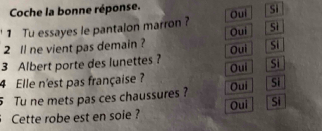 Coche la bonne réponse.
1 Tu essayes le pantalon marron ? Oui Sì
Oui sì
2 ll ne vient pas demain ?
Oui Si
3 Albert porte des lunettes ?
4 Elle n'est pas française ? Oui Si
5 Tu ne mets pas ces chaussures ? Oui Si
Cette robe est en soie ? Oui Si