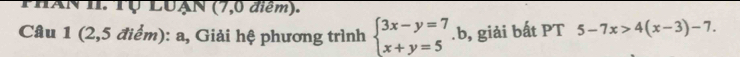 ThâN II. Tự LUẠN (7,0 điểm). 
Câu 1 (2,5 điểm): a, Giải hệ phương trình beginarrayl 3x-y=7 x+y=5endarray..b, giải bất PT 5-7x>4(x-3)-7.