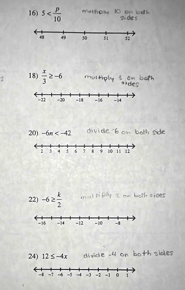 5
S 18)  x/3 ≥ -6
20) -6n
22) -6≥  k/2 
24) 12≤ -4x