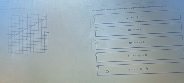 Which equations and/or functions represent the graphed line? Choose three comect esswers.
Formof a Lind
f(x)= 1/5 x-4
f(x)= 1/2 x+1
f(x)= 1/2 x+2
y-3= 1/2 (x-2)
y-1= 1/2 (x+2)