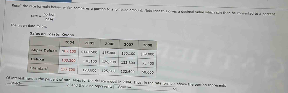 Recall the rate formula below, which compares a portion to a full base amount. Note that this gives a decimal value which can then be converted to a percent.
rate= portion/base 
The given data follow. 
Of interest here is the percent of total sales for the deluxe model in 2004. Thus, in the rate formula above the portion represents 
===Select=== and the base represents ---Select---