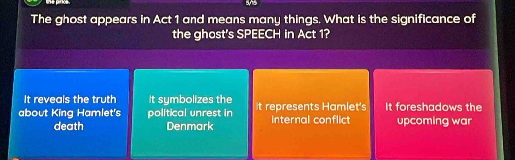 the price. 5/15
The ghost appears in Act 1 and means many things. What is the significance of
the ghost's SPEECH in Act 1?
It reveals the truth It symbolizes the
about King Hamlet's political unrest in It represents Hamlet's It foreshadows the
death Denmark
internal conflict upcoming war