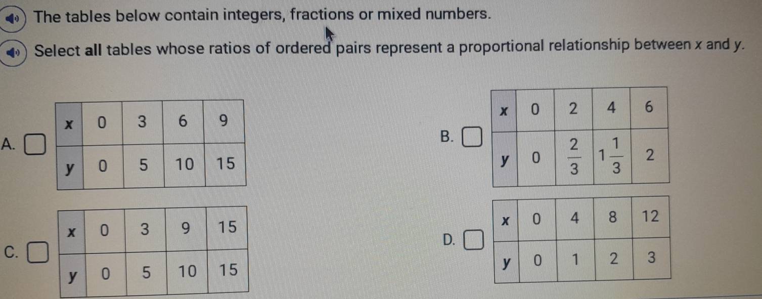 The tables below contain integers, fractions or mixed numbers.
Select all tables whose ratios of ordered pairs represent a proportional relationship between x and y.
A.
B.
 
D.
C.