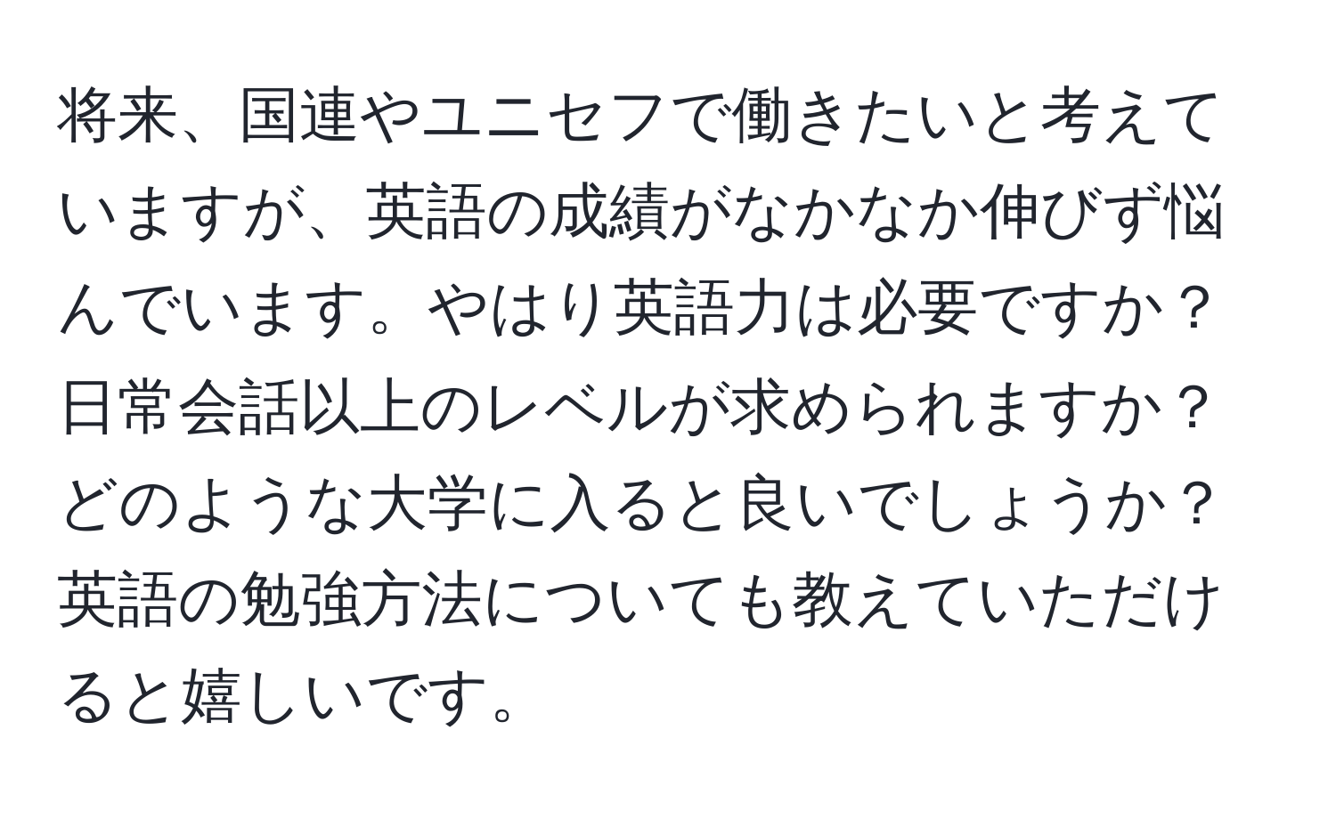 将来、国連やユニセフで働きたいと考えていますが、英語の成績がなかなか伸びず悩んでいます。やはり英語力は必要ですか？日常会話以上のレベルが求められますか？どのような大学に入ると良いでしょうか？英語の勉強方法についても教えていただけると嬉しいです。