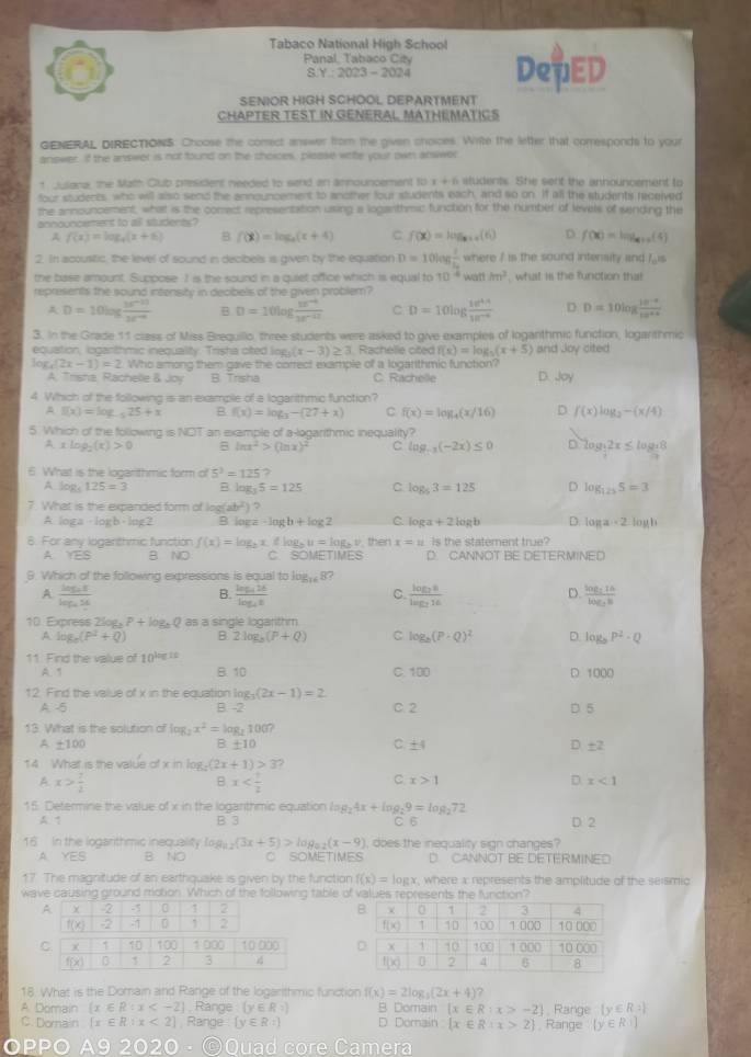 Tabaco National High School
Panal, Tabaco City DepED
8.Y:2023-2024
SENIOR HIGH SCHOOL DEPARTMENT
CHAPTER TEST IN GENERAL MATHEMATICS
GENERAL DIRECTIONS. Choose the comect answer from the given choices. Write the letter that corresponds to your
answer. If the answer is not found on the choices, please wete your own answer
t Julana, the Math Club president needed to sand an announcement to x+6 students. She sent the announcement to
four students, who will also send the announcement to another four students each, and so on. If all the students received
the announcement, what is the conrect representation using a loganthmic function for the number of levels of sending the
announcement to all students?
f(x)=log _4(x+6) B f(x)=log _2(x+4) C f(x)=log _3+4(6) D f(x)=log _a+2(4)
2. In acoustic, the level of sound in decibels is given by the equation D=10log frac II_o where ? is the sound intensity and ?is
the base amount. Suppose I is the sound in a quiet office which is equal to 10^(frac 1)4watthm^3 , what is the function that
represents the sound intensity in decbels of the given problem?
A D=10log frac 10^(r^-10) B D=10log  (10^(-4))/30^(-12)  C D=10log frac 10^(4.4)10^(10^-6) D D=10log frac 10^(-8^10)12
3. In the Grade 11 class of Miss Brequillo, three students were asked to give examples of loganthmic function, logarthmic
equation, logarthmic inequality. Trisha oted liog h(x-3)≥ 3. Rachelle cited f(x)=log _5(x+5) and Joy cited
log _4(2x-1)=2 Who among them gave the correct example of a loganthmic function?
A. Trisha, Rachelle & Joy B. Trisha C. Rachelle D. Joy
4. Which of the following is an example of a logarithmic function?
A f(x)=log _ 25+x B f(x)=log _3-(27+x) C f(x)=log _4(x/16) D. f(x)log _2-(x/4)
5. Which of the following is NOT an example of a-logarithmic inequality?
A xlog _2(x)>0 B ln x^2>(ln x)^2 C log _-3(-2x)≤ 0 D log _ 1/2 2x≤ log _ 1/2 8
6. What is the logarithmic form of 5^3=125
A log _5125=3 B log _35=125 C log _53=125 D log _1255=3
7. What is the expanded form of lo a(ab^2) ?
A log 2 agh· log 2 B log a-log b+log 2 C log a+2log b D. log a· -2-log h
8. For any loganthic function f(x)=log _2x,flog _2u=log _2v then x=u Is the statement true?
A YES B NO C SOMETIMES D. CANNOT BE DETERMINED
9. Which of the following expressions is equal to log _168?
A frac log _5tlog _45t
B. frac log _42dlog _48 frac log _28log _216 frac log _216log _2Bendarray 
C.
D.
10 Express 2log P+log _5Q as a single logarithm
A log _e(P^2+Q) B 2log _3(P+Q) C log _h(P-Q)^2 D. log _3P^2· Q
11 Find the value of 10^(lag) 1
A. 1 B. 10 C. 100 D 1000
12. Find the value of x in the equation log _3(2x-1)=2
A -5 B. -2 C. 2  5
13. What is the solution of I g_2x^2=log _2100?
A ± 100 B ±10 C +( D ±2
14 What is the value of x in log (2x+1)>3?
A x> 7/2 
B x
C x>1
D x<1</tex>
16. Determine the value of x in the loganthmic equation log _24x+log _29=log _272
A1 B 3
C B
16  In the logarithmic inequality f a_n-2(3x+5)>log _a_2(x-9) , does the inequality sign changes? D. 2
A YES B NO C SOMETIMES D. CANNOT BE DETERMINED
17. The magnitude of an earthquake is given by the function f(x)=log x , where x represents the amplitude of the seismic
wave causing ground motion. Which of the following table of values represents the function?
 
 
 
 
18. What is the Domain and Range of the logarithmic function f(x)=2log _3(2x+4) ?
A. Domain  x∈ R:x , Range (y∈ R_3) B. Domain  x∈ R:x>-2 Range  y∈ R:
C. Domain  x∈ R:x Range  y∈ R:z D Domain  x∈ R:x>2 Range  y∈ R:1
OPPO A(e) 2020 ⊙Quad core Camera