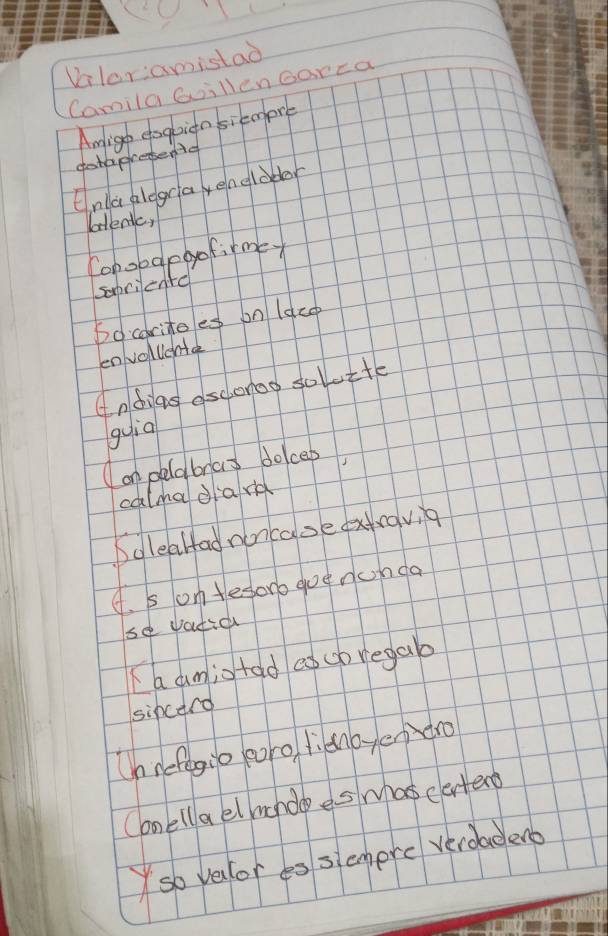 Valer amistad 
Camila Gillen Garca 
Amige eogbign siemore 
dotapresentd 
Cnla plegrayeneloder 
blenic, 
Conoodegofirmey 
sabrientc 
Socoritees on lace 
envollente 
Andias asconoo solucte 
guia 
Con pelabras dolces, 
calca dard 
SoleaHad noncaseexravig 
4. s ontesoro gue nunda 
se dotic 
Kaamiotad eocbregab 
sincerd 
Unrefegio eoro lianoyendro 
Conella el mendo es mas certens 
so veulor es siemere veroadeno