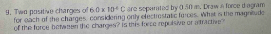 Two positive charges of 6.0* 10^(-6)C are separated by 0.50 m. Draw a force diagram 
for each of the charges, considering only electrostatic forces. What is the magnitude 
of the force between the charges? Is this force repulsive or attractive?