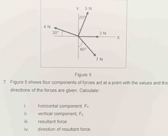 Figure 5
7. Figure 5 shows four components of forces act at a point with the values and the
directions of the forces are given. Calculate:
i. horizontal component, F_x
ii. vertical component, F_y
ⅲ. resultant force
iv. direction of resultant force.