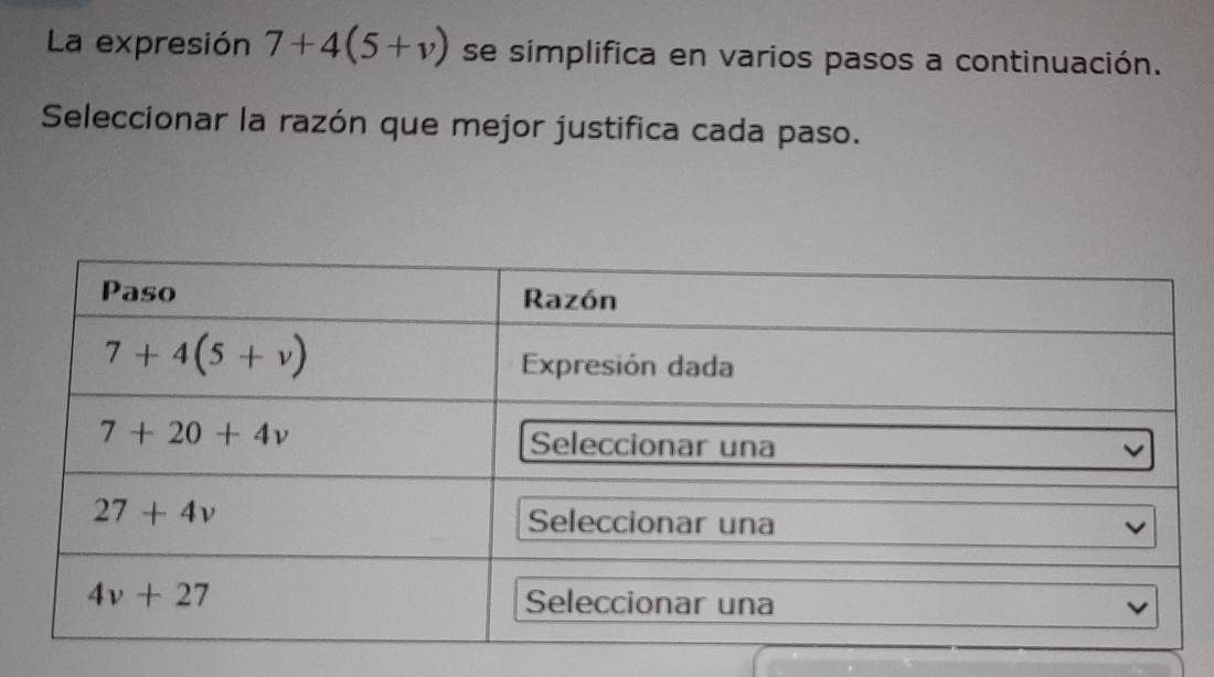 La expresión 7+4(5+v) se simplifica en varios pasos a continuación.
Seleccionar la razón que mejor justifica cada paso.