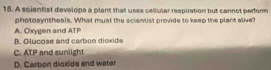 A scientist develops a plant that uses celluler respiration but cannot perform
photosynthesis. What must the sciantist provide to keep the plant alive?
A. Oxygen and ATP
B. Glucose and carbon dioxide
C. ATP and sunlight
D. Carbon dioxide and water