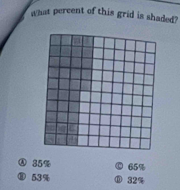 What percent of this grid is shaded?
Ⓐ 35% Ⓒ65 %
⑧ 53% ⑪ 32%