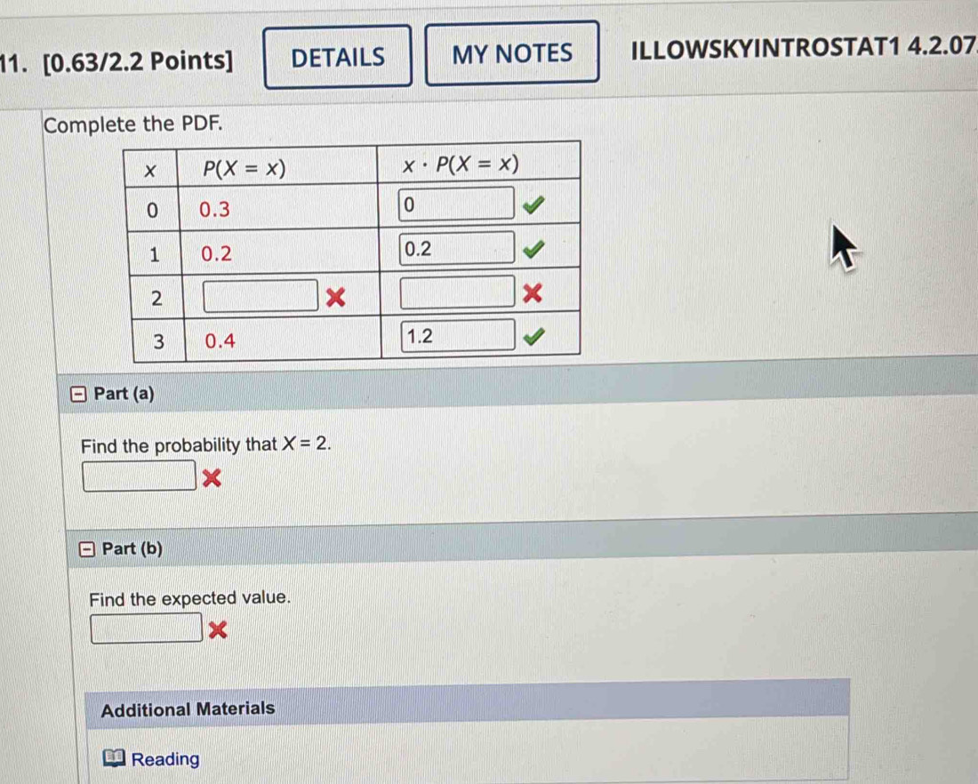 DETAILS MY NOTES ILLOWSKYINTROSTAT1 4.2.07
Complete the PDF.
Part (a)
Find the probability that X=2.
| □
Part (b)
Find the expected value.
□° □
Additional Materials
Reading