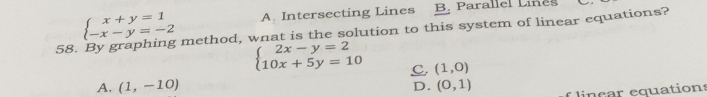 beginarrayl x+y=1 -x-y=-2endarray. A Intersecting Lines B. Parallel Liñeš
58. By graphing method, wnat is the solution to this system of linear equations?
beginarrayl 2x-y=2 10x+5y=10endarray. C. (1,0)
A. (1,-10) D. (0,1) flinçar equations