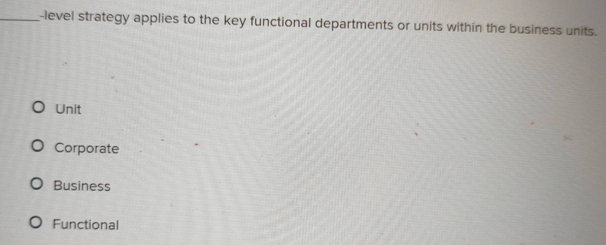 level strategy applies to the key functional departments or units within the business units.
Unit
Corporate
Business
Functional