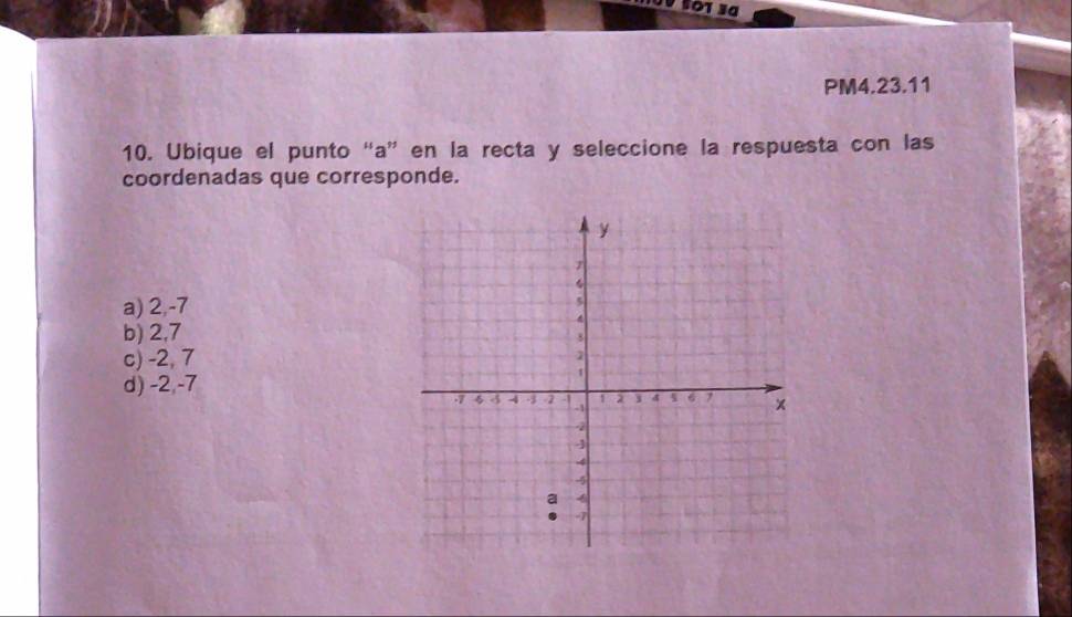 PM4.23.11
10. Ubique el punto “ a ” en la recta y seleccione la respuesta con las
coordenadas que corresponde.
a) 2, -7
b) 2, 7
c) -2, 7
d) -2 -7