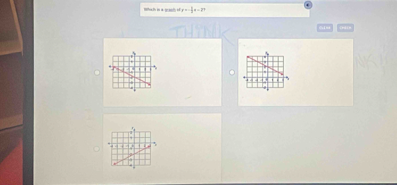 Which is a graph of y=- 1/2 x-2 j 
CL E A# CHEEm