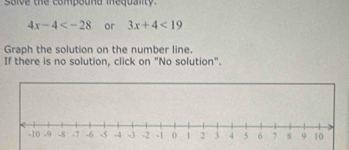 soive the compound inequality.
4x-4 or 3x+4<19</tex> 
Graph the solution on the number line. 
If there is no solution, click on "No solution".