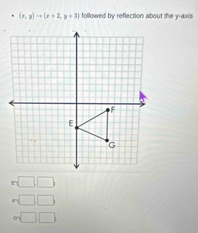 (x,y)to (x+2,y+3) followed by reflection about the y-axis 
E"(