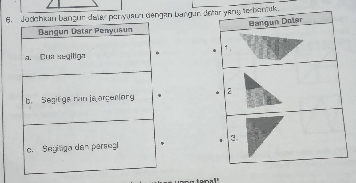 datar penyusun dengan bangun datar yang terbentuk. 
Bangun Datar 
1. 
2. 
3. 
g tenat !