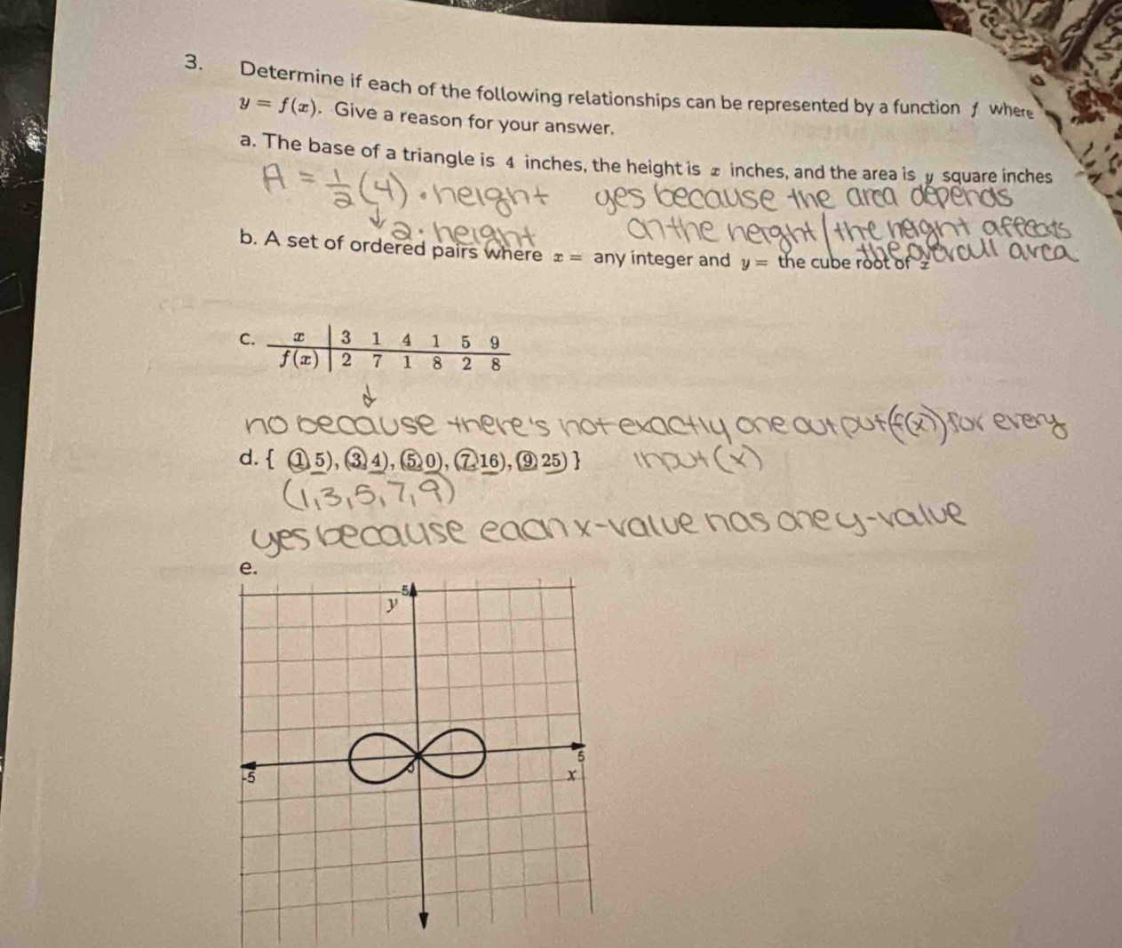 Determine if each of the following relationships can be represented by a function where
y=f(x). Give a reason for your answer.
a. The base of a triangle is 4 inches, the height is £ inches, and the area is y square inches
b. A set of ordered pairs where x= any integer and y= the cube root of
d.  (1,5),(3,4),(5,0),(7,16),(9,25)