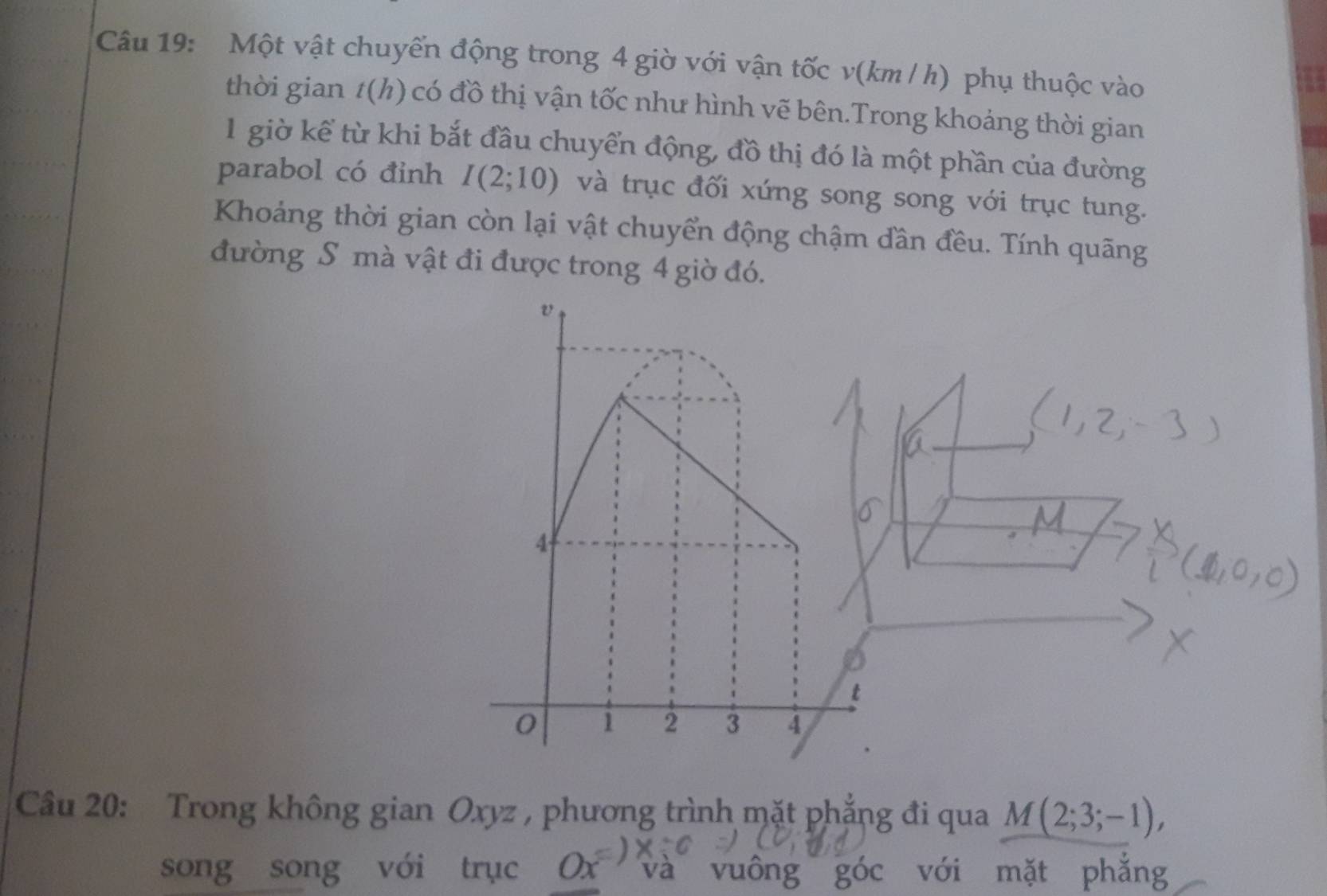 Một vật chuyến động trong 4 giờ với vận tốc v(km / h) phụ thuộc vào 
thời gian t(h) có đồ thị vận tốc như hình vẽ bên.Trong khoảng thời gian 
1 giờ kể từ khi bắt đầu chuyển động, đồ thị đó là một phần của đường 
parabol có đỉnh I(2;10) và trục đối xứng song song với trục tung. 
Khoảng thời gian còn lại vật chuyển động chậm đần đều. Tính quãng 
đường S mà vật đi được trong 4 giờ đó. 
Câu 20: Trong không gian Oxyz , phương trình mặt phẳng đi qua M(2;3;-1), 
song song vói trục Ox và vuông goc với mặt phǎng