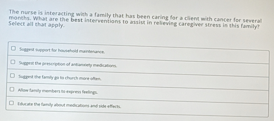 The nurse is interacting with a family that has been caring for a client with cancer for several
months. What are the best interventions to assist in relieving caregiver stress in this family?
Select all that apply.
Suggest support for household maintenance.
Suggest the prescription of antianxiety medications.
Suggest the family go to church more often.
Allow family members to express feelings.
Educate the family about medications and side effects.