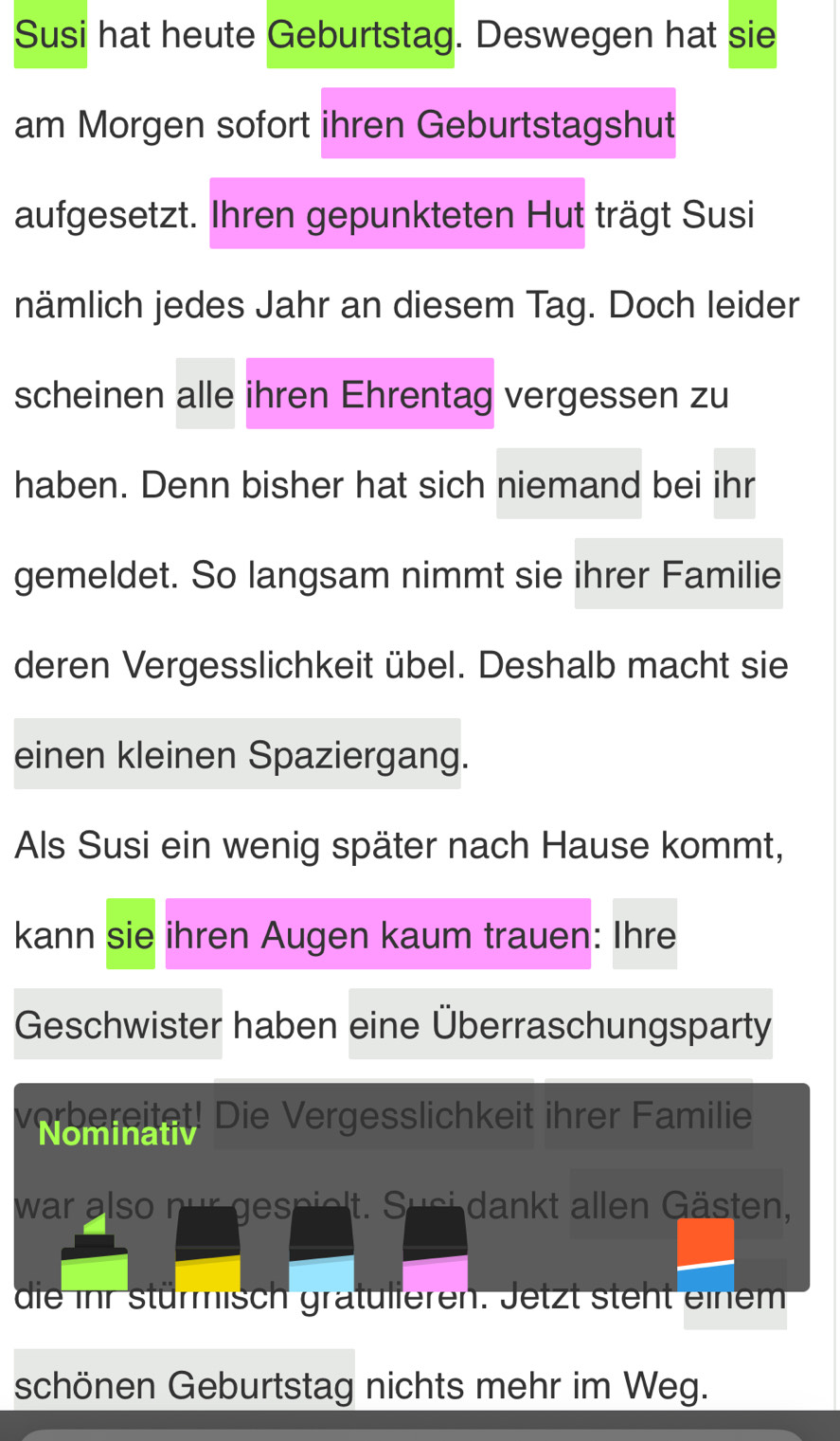 Susi hat heute Geburtstag. Deswegen hat sie 
am Morgen sofort ihren Geburtstagshut 
aufgesetzt. Ihren gepunkteten Hut trägt Susi 
nämlich jedes Jahr an diesem Tag. Doch leider 
scheinen alle ihren Ehrentag vergessen zu 
haben. Denn bisher hat sich niemand bei ihr 
gemeldet. So langsam nimmt sie ihrer Familie 
deren Vergesslichkeit übel. Deshalb macht sie 
einen kleinen Spaziergang. 
Als Susi ein wenig später nach Hause kommt, 
kann sie ihren Augen kaum trauen: Ihre 
Geschwister haben eine Überraschungsparty 
Vomindat! Die Vergesslichkeit ihrer Familie 
war also nur gespielt. Susi dankt allen Gästen, 
die inr stürmisch gratulieren. Jetzt steht einem 
schönen Geburtstag nichts mehr im Weg.