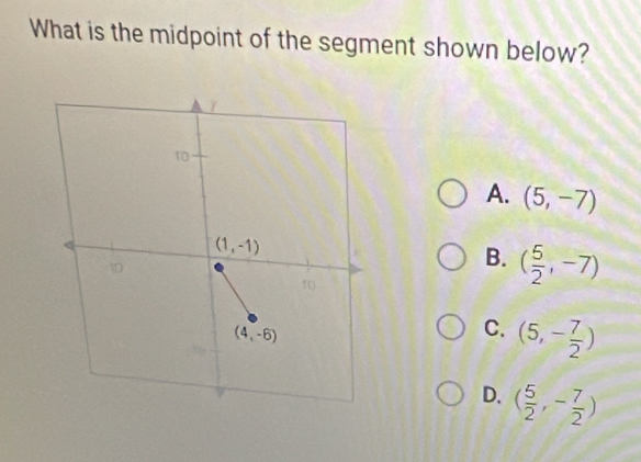 What is the midpoint of the segment shown below?
A. (5,-7)
B. ( 5/2 ,-7)
C. (5,- 7/2 )
D. ( 5/2 ,- 7/2 )