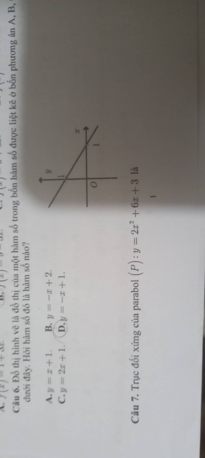 A. f(x)=1+3x. f(x)=x-ax
Câu 6. Đồ thị hình vẽ là đồ thị của một hàm số trong bốn hàm số được liệt kê ở bốn phương án A, B,
đưới đây. Hỏi hàm số đó là hàm số nào?
A. y=x+1. B. y=-x+2.
C. y=2x+1. D. y=-x+1. 
Câu 7. Trục đối xứng của parabol (P):y=2x^2+6x+3 là
1