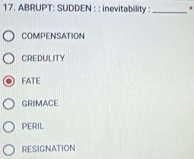 ABRUPT: SUDDEN : : inevitability : _*
COMPENSATION
CREDULITY
FATE
GRIMACE
PERIL
RESIGNATION