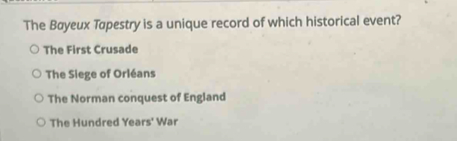 The Bøyeux Tøpestry is a unique record of which historical event?
The First Crusade
The Siege of Orléans
The Norman conquest of England
The Hundred Years' War