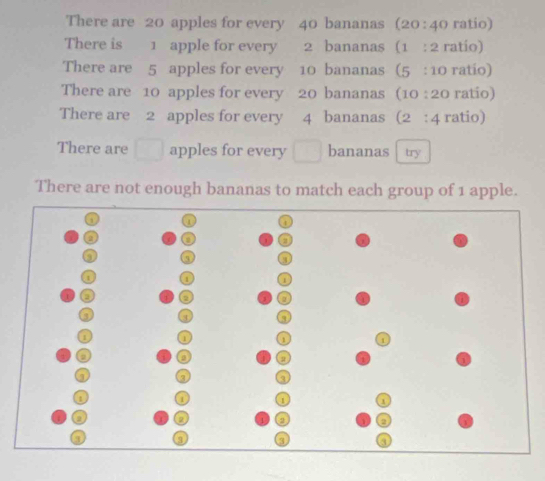 There are 20 apples for every 40 bananas (20:40 ratio) 
There is 1 apple for every 2 bananas (1:2 ratio) 
There are 5 apples for every 10 bananas (5:10 ratio) 
There are 10 apples for every 20 bananas (10:20 ratio) 
There are 2 apples for every 4 bananas (2:4 ratio) 
There are apples for every bananas try 
There are not enough bananas to match each group of 1 apple. 

o 
a
1
o
3 4 q
1 1 1 1
3 
a 
o 2
3 3 4