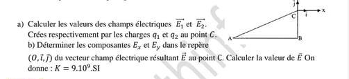 Calculer les valeurs des champs électriques vector E_1 et vector E_2. 
Crées respectivement par les charges q_1 et q_2 au point C. 
b) Déterminer les composantes E_x et E_y dans le repère
(0,vector i,vector j) du vecteur champ électrique résultant vector E au point C. Calculer la valeur de overline E On 
donne : K=9.10^9.SI