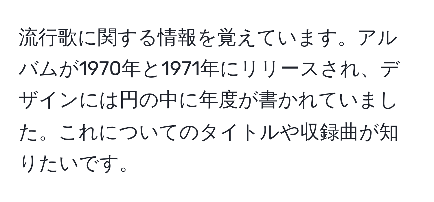 流行歌に関する情報を覚えています。アルバムが1970年と1971年にリリースされ、デザインには円の中に年度が書かれていました。これについてのタイトルや収録曲が知りたいです。