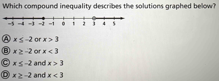 Which compound inequality describes the solutions graphed below?
x≤ -2 or x>3
B x≥ -2 or x<3</tex>
x≤ -2 and x>3
D x≥ -2 and x<3</tex>