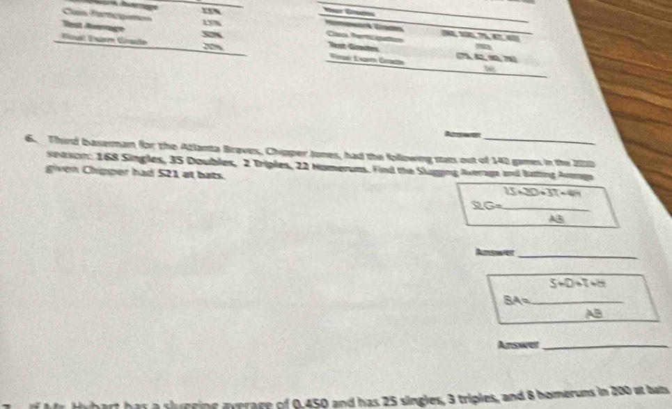 25%
15%
_ 
Caía fartcpation Cass Perticigation 
5 
Tam Aumage Rest Gérees 
Soat Duam Grado 20 ió Kan Gotón 
_ 
R 
6. Third baserman for the Atlanta Braves, Chipper Jones, had the following sats out of 140 games in the 2lb
Sitson: 168 Singles, 35 Doubles, 2 Triples, 22 Homerums. Find the Slugging Averaga and Bating Areaga 
given Chipper had 521 at bats.
15+20+37+44
SIG= _ 
AB 
Anser_
S+D+T+H
_ SA=
A=
Answer_ 
t a sluering averare of 0,450 and has 25 singles, 3 triples, and 8 homerums in 200 ot bats