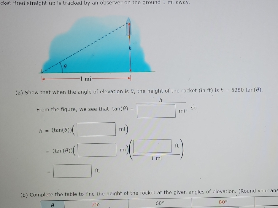 cket fired straight up is tracked by an observer on the ground 1 mi away. 
(a) Show that when the angle of elevation is θ, the height of the rocket (in ft) is h=5280tan (θ ).
(-3,4)
From the figure, we see that tan (θ )= n/□ mi  so
h=(tan (θ ))(□ mi)
=(tan (θ ))(□ mi) )( □ ft/1ml )
=□ ft. 
(b) Complete the table to find the height of the rocket at the given angles of elevation. (Round your ans
80°
θ
25°
60°