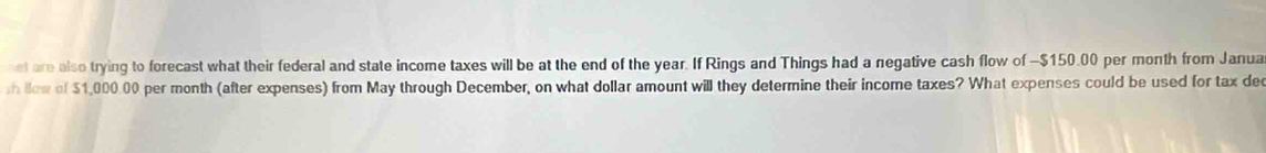 et are also trying to forecast what their federal and state income taxes will be at the end of the year. If Rings and Things had a negative cash flow of - $150.00 per month from Janua 
sh llow of $1,000.00 per month (after expenses) from May through December, on what dollar amount will they determine their income taxes? What expenses could be used for tax dec