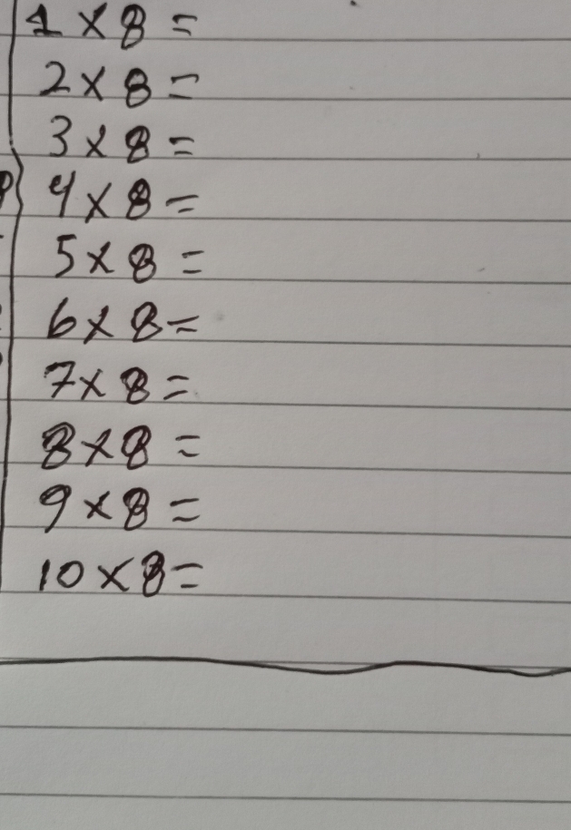 1* 8=
2* 8=
3* 8=
4* 8=
5* 8=
6* 8=
7* 8=
8* 8=
9* 8=
10* 8=