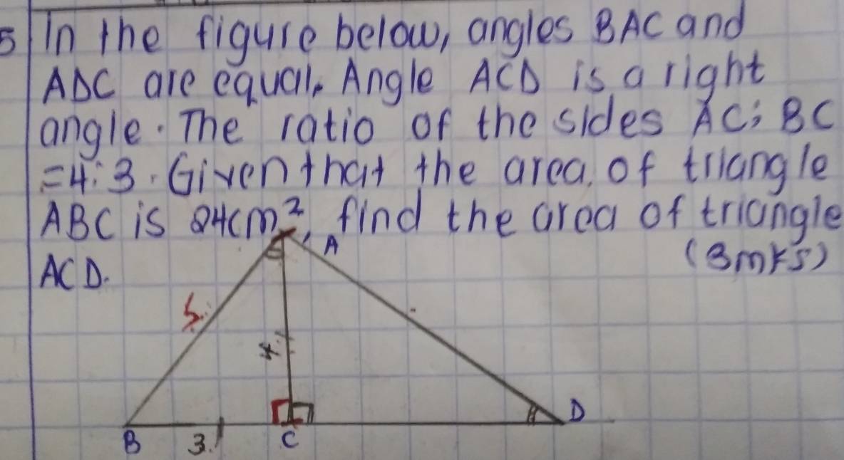 Solved: In the figure below, angles BAC and ADC are equall, Angle ACD ...