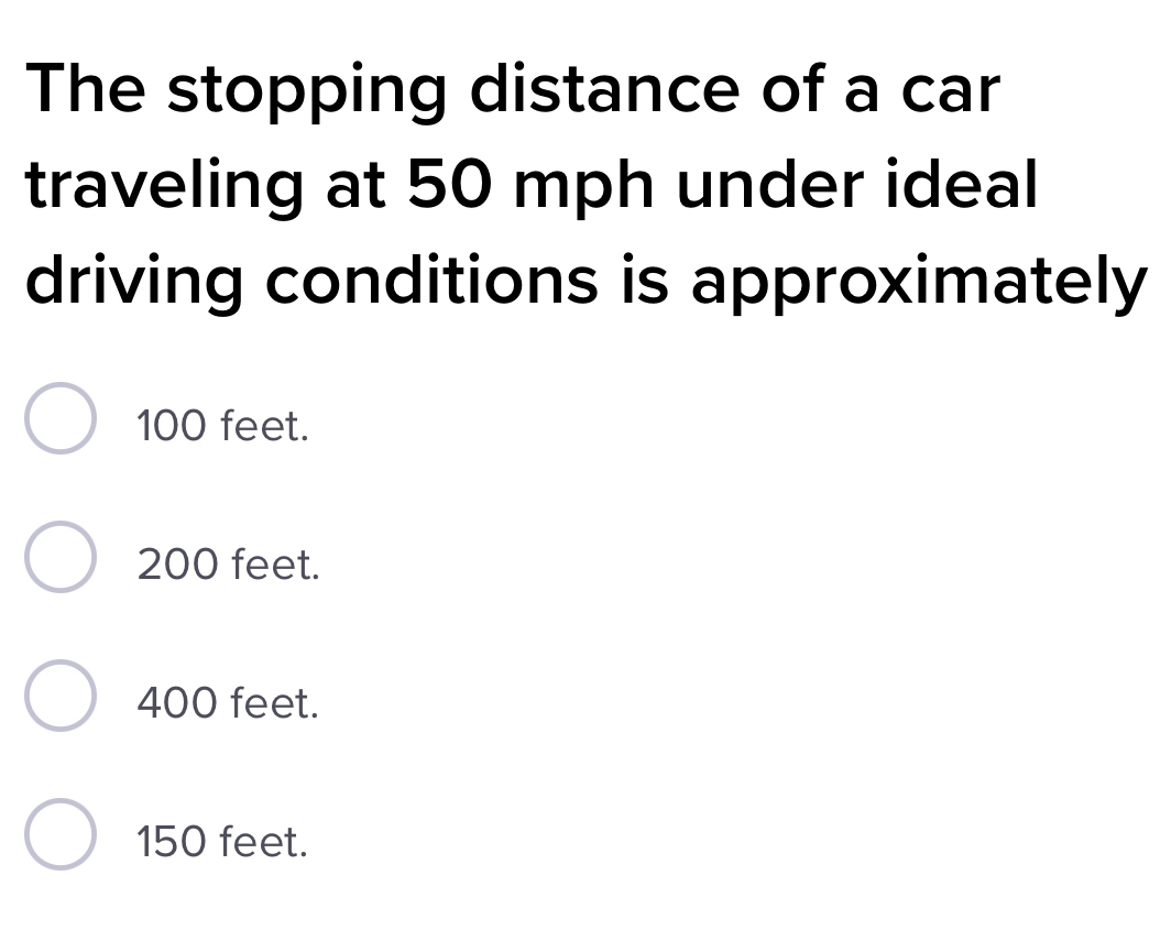 Solved: The stopping distance of a car traveling at 50 mph under ideal ...