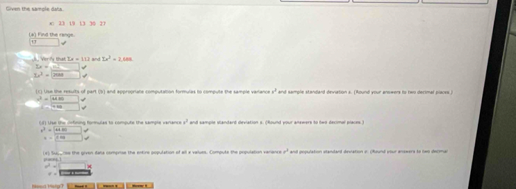 Solved: Given the sample data. x : 23 1. 9 13 30 27 (a) Find the range ...