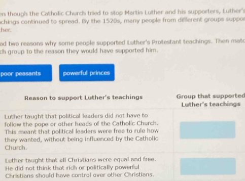 en though the Catholic Church tried to stop Martin Luther and his supporters, Luther's
achings continued to spread. By the 1520s, many people from different groups suppor
her.
ad two reasons why some people supported Luther's Protestant teachings. Then mate
ch group to the reason they would have supported him.
poor peasants powerful princes
Reason to support Luther's teachings Group that supported
Luther's teachings
Luther taught that political leaders did not have to
follow the pope or other heads of the Catholic Church.
This meant that political leaders were free to rule how
they wanted, without being influenced by the Catholic
Church.
Luther taught that all Christians were equal and free.
He did not think that rich or politically powerful
Christians should have control over other Christians.