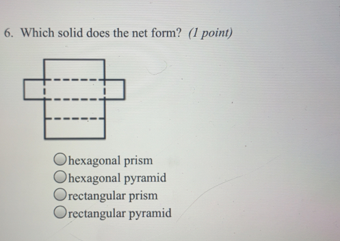 Which solid does the net form?  (1 point)
hexagonal prism
hexagonal pyramid
rectangular prism
rectangular pyramid