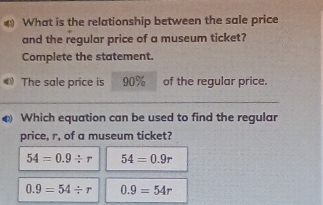 What is the relationship between the sale price
and the regular price of a museum ticket?
Complete the statement.
The sale price is 90% of the regular price.
◆ Which equation can be used to find the regular
price, r, of a museum ticket?
54=0.9/ r 54=0.9r
0.9=54/ r 0.9=54r