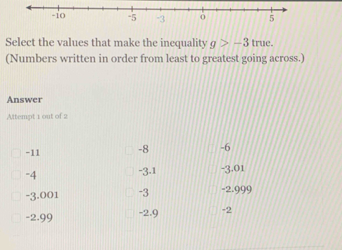 Select the values that make the inequality g>-3 true.
(Numbers written in order from least to greatest going across.)
Answer
Attempt 1 out of 2
-11
-8 -6
-4 -3.01
-3.1
-3
-3.001 -2.999
-2.99 -2.9 -2