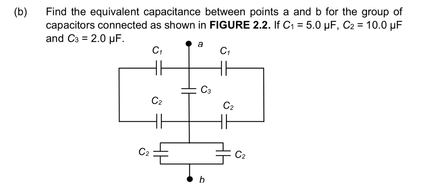 Find the equivalent capacitance between points a and b for the group of
capacitors connected as shown in FIGURE 2.2. If C_1=5.0mu F, ,C_2=10.0 μF
and C_3=2.0mu F.