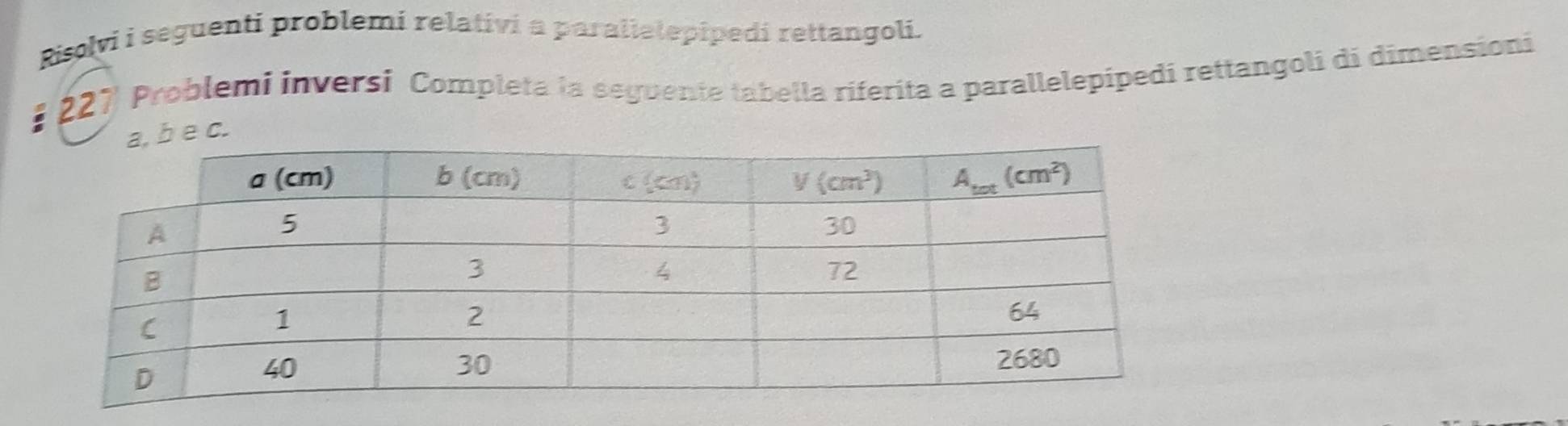 Risolvi i seguenti problemi relativi a paralielepipedi rettangoli.
227 Problemi inversi Completa la seguente tabella riferita a parallelepípedi rettangoli di dimensioni
c.