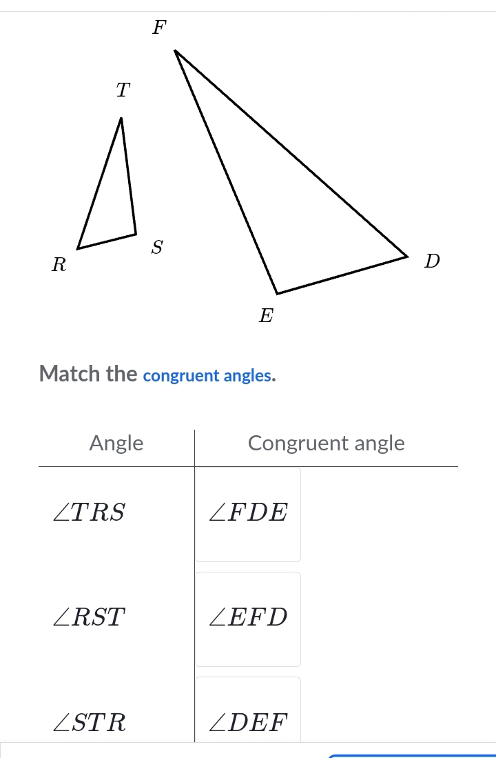 Match the congruent angles. 
Angle Congruent angle
∠ TRS
∠ FDE
∠ RST
∠ EFD
∠ STR
∠ DEF